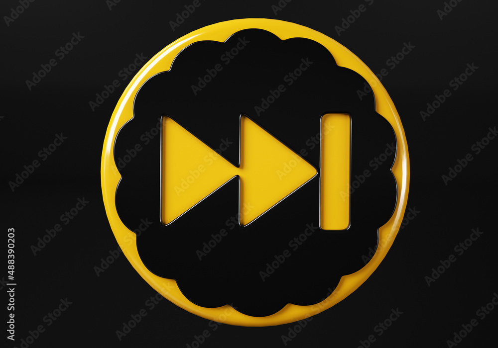 forward media button. buttons. Shiny icon with yellow frame and with reflection. 3d illustration on black background forward media button. buttons. Shiny icon with yellow frame and with reflection. 3d illustration on black background