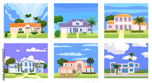 Set Residential Home Buildings in landscape tropic trees, palms. House exterior facades front view architecture family cottages houses or mansions apartments, villa. Suburban property