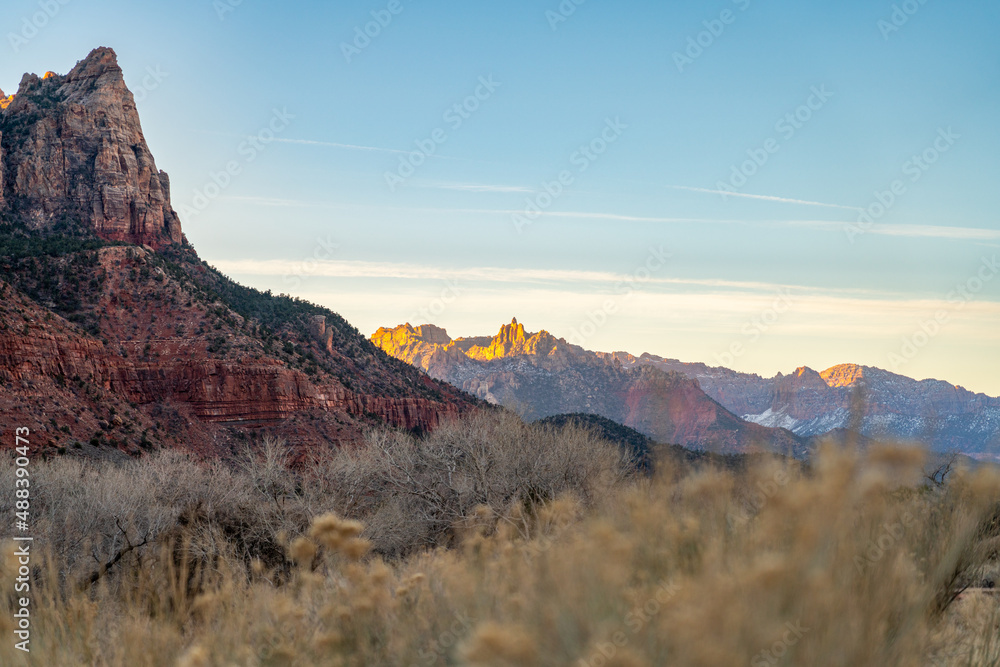 View of Sun Kissed Peaks with Partly Cloudy skies in Zion National Park