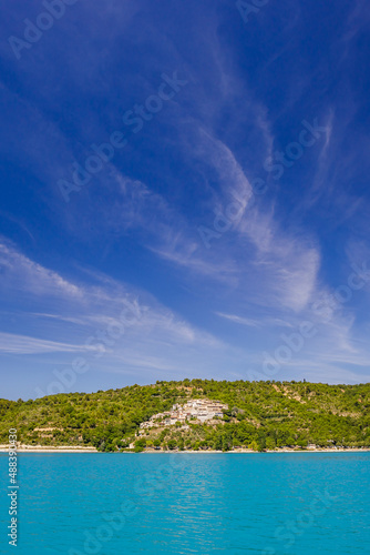 Sainte-Croix lake and village of Sainte-Croix-du-Verdon in the Verdon Gorge on summer day in Provence, France