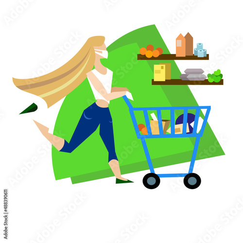 The blonde walks carelessly around the supermarket with a shopping cart