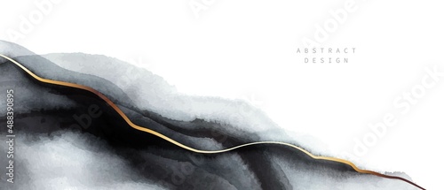 Elegant black, white, grey watercolor background. Golden gradient line. Design for business card, cover, packaging