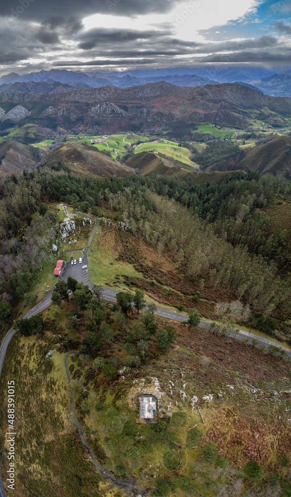 Aerial view of the Mirador del Fito and its impressive mountains, Asturias, Spain.