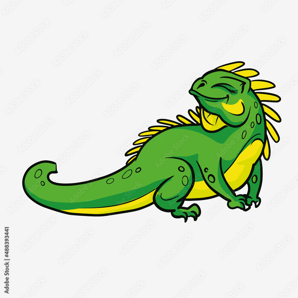 Obraz premium Cute cartoon character green iguana animal. Red snake in wildlife isolated in warm background. Vector illustration
