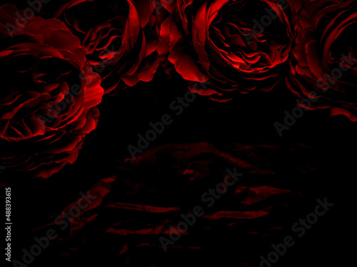 Beautiful abstract color black and red flowers on black background, light pink flower frame, pink leaves texture, dark background, Christmas and valentines day celebration, love theme, red texture 