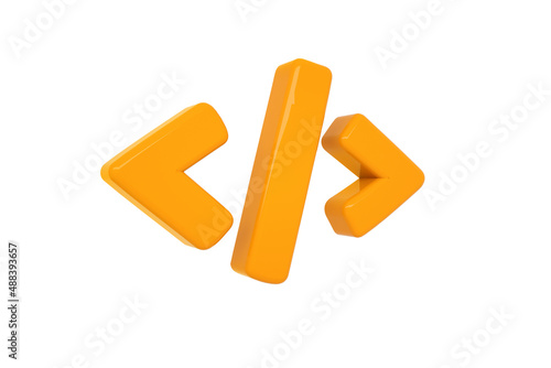 Volumetric glossy hot orange Code icon isolated on white background. 3D rendered digital symbol. Modern icon for website