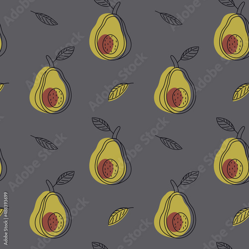 Seamless avocado sketch pattern with leaves and colored abstract spots on a gray background. Vector illustration, outline style.
