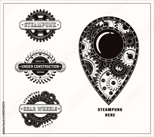 Set of monochrome vintage labels with gearwheels, metal rails, rivets, text. Black emblems in steampunk style on white background. Good for craft design.