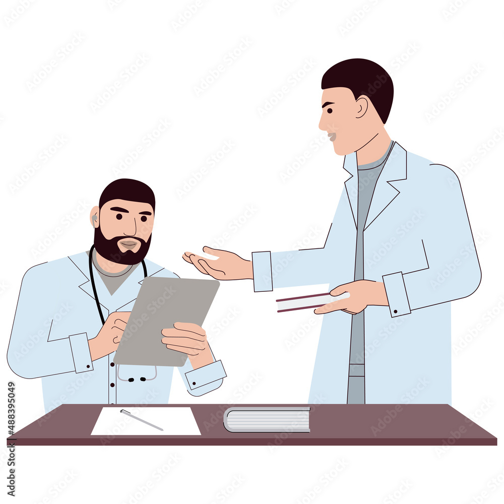 Young doctors have a meeting in their office. Two doctors talking. A doctor consults with a patient using online communication. Flat vector illustration on white background. For print, web design. Young doctors have a meeting in their office. Two doctors talking. A doctor consults with a patient using online communication. Flat vector illustration on white background. For print, web design.