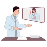 Young doctors hold an online conference. Two doctors use the Internet to communicate. The concept of telemedicine. Flat vector illustration on white background. For print, web design.