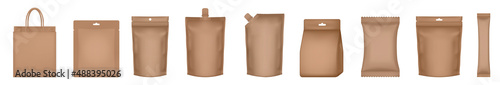 Set of realistic doy pack mockups. Brown flow pack, sachet, zip bag and doypack. Ice cream wrapper. Sheet mask sachet. Coffee, sause or candy packaging.