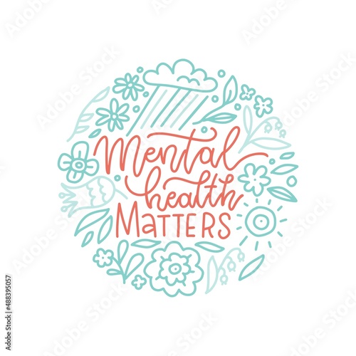 Mental health matters - lettering round composition with linear natural elements. Motivation quote, message with flower, cloud, cun. Hand drawn line vector illustration isolated on white background.