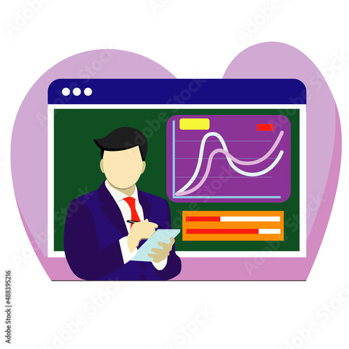 A man writes notes, develops a business project in the office, conducts brainstorming sessions, engages in creative thinking, draws up a startup plan. Vector illustration.