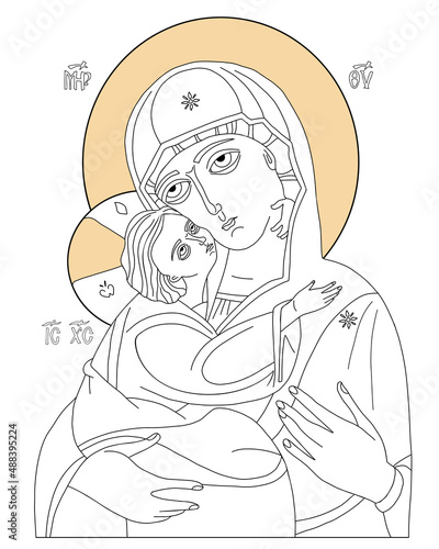 Orthodox icon of Virgin of Vladimir Icon. Holy Mother, God Mother of God Queen of Heaven with Jesus Christ Child. Eleusa, Linear hand drawing. vector illustration icon Virgin Mary tenderness