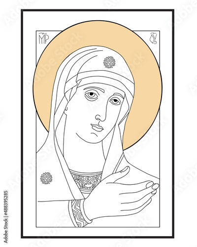 orthodox icon of Holy Mary Mother of God Queen of Heaven. Virgin Mary Hearing One. Linear hand drawing. vector illustration for Christian and Catholic communities, design, decor of religious holidays