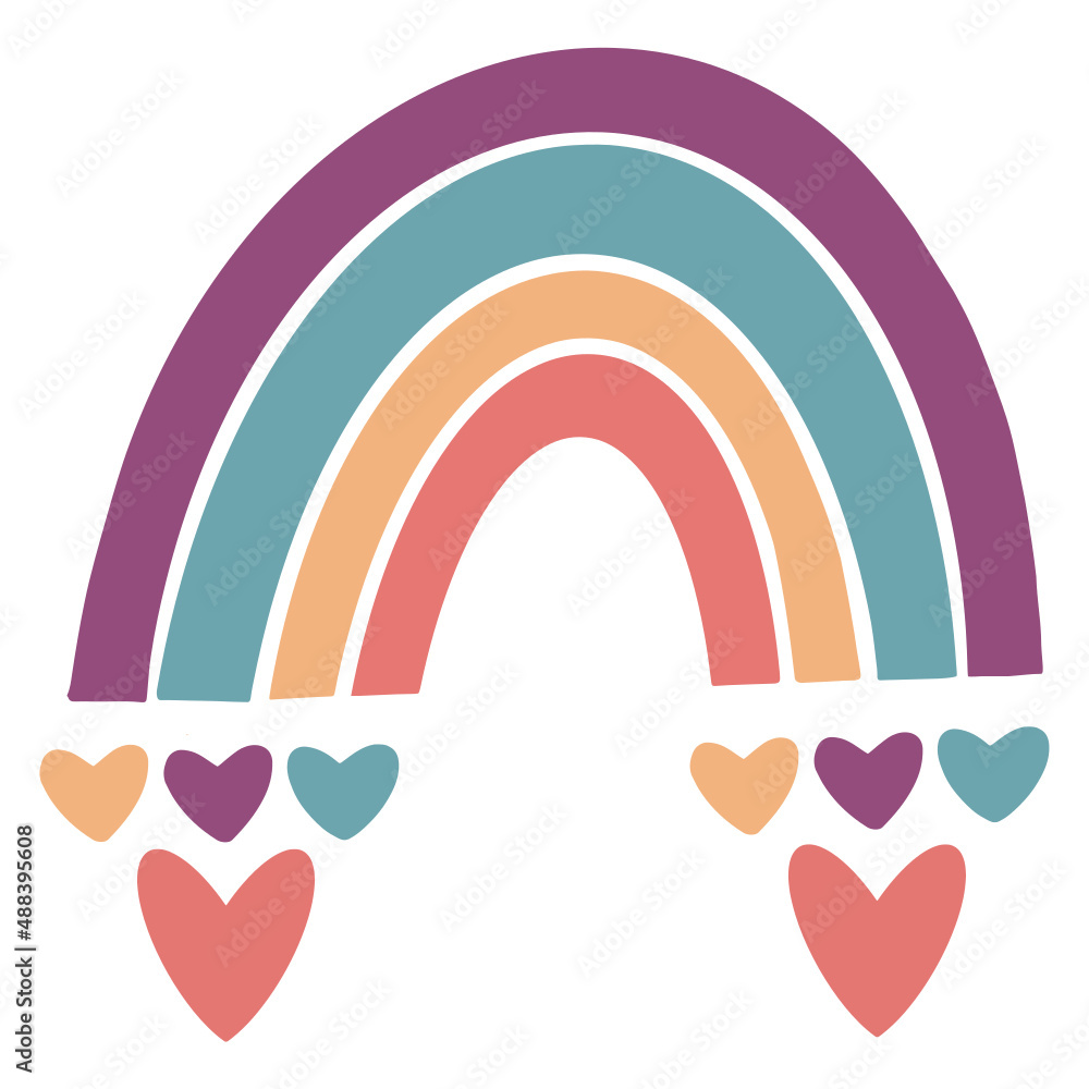 Colorful rainbow with flowers stars, dots, hearts in purple, yellow, red, turquoise, navy, pink Colorful rainbow with flowers stars, dots, hearts in purple, yellow, red, turquoise, navy, pink