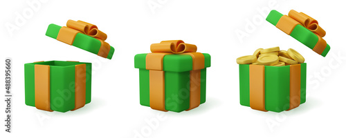 3d icon gift box with coins. Realistic vector render illustration. St. Patricks day colors design element. Cartoon present with gold.