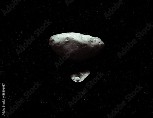 two large asteroids with craters in space, asteroid with satellite