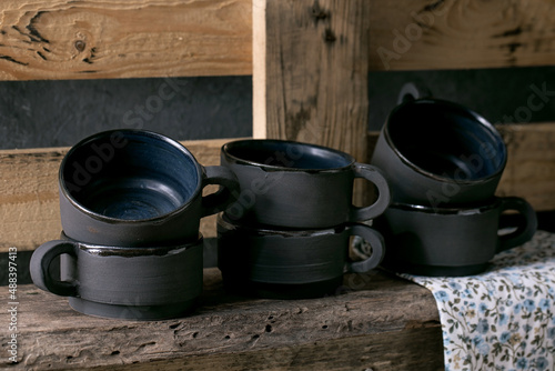Set of empty craft ceramic coffee cups