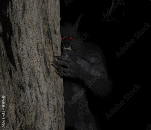 Werewolf Dogman cryptid watching from behind a tree photo