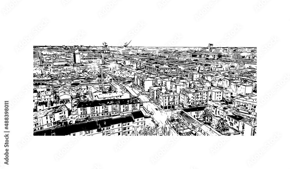 Building view with landmark of Mestre is the most populated borough in Italy. Hand drawn sketch illustration in vector.