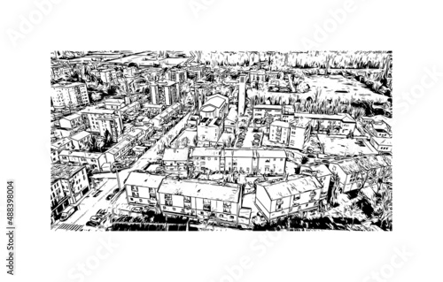 Building view with landmark of Mestre is the most populated borough in Italy. Hand drawn sketch illustration in vector.