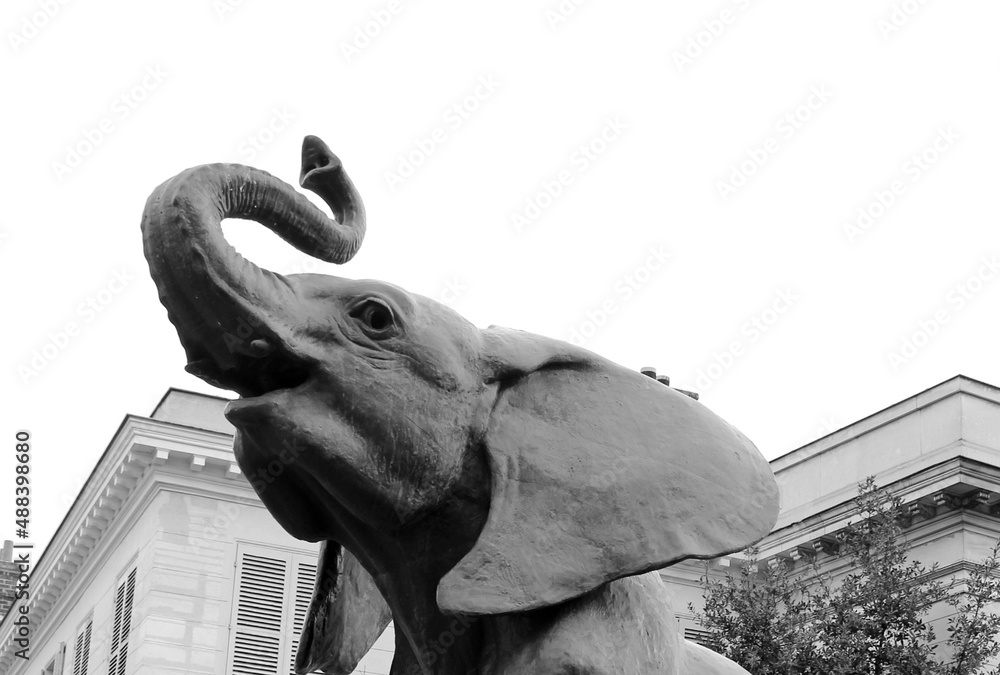 Paris. France. 23 November 2020. A bronze figure of a green elephant in the center of Paris. Tourist center and attractions of the French capital.