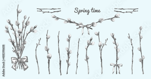 Pussy Willow branches set. Spring bouquet with ribbon bow. Hand-drawn sketch black and white design isolated on blue background. Outline Sunday Easter symbol collection. Vector.