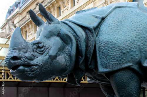 Paris. France. 23 November 2020. A bronze figure of a rhinoceros in the center of Paris. Tourist center and attractions of the French capital.
