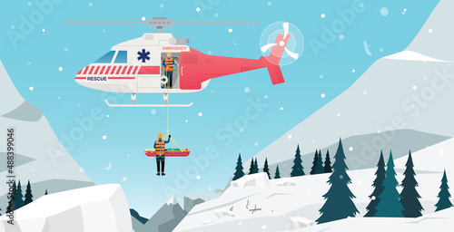Rescue teams use helicopters to help victims in snowy mountains.