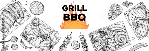 Bbq grill food sketch. Menu design template. Grilled meat and vegetables frame. Vector illustration. Engraved design. Hand drawn illustration.