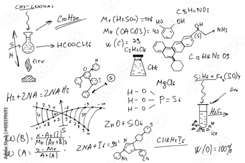 chemical formulas. hand-drawn on a white background