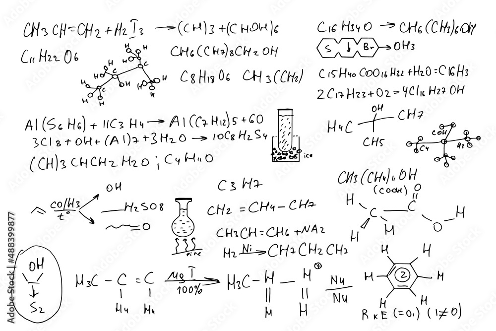 chemical formulas. hand-drawn on a white background