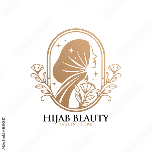 Feminine beauty woman hijab natural vintage logo template photo