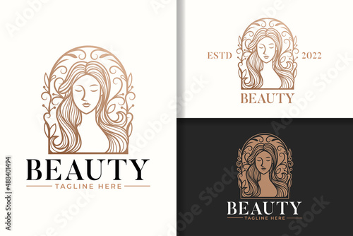 Feminine beauty woman gold line art natural logo vector template