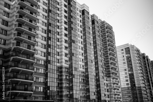View of the new residential buildings in Voronezh, Russia. Black and white photo.