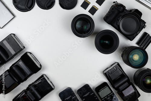 Photographic equipment. Top view of a variety of equipment for the photographer