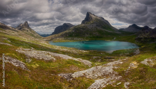 Norway, a beautiful lake in the surrounding mountains The lake is called Alnesvatnet	