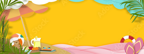 Summer background with beach vacation holiday theme with pink wave layer and copy space,Vector Top view paper cut of tropical summer design, palm leaves and cloud on blue sky background
