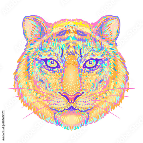 Patterned ornate tiger head. African, Indian, totem, tattoo, sticker design. ...