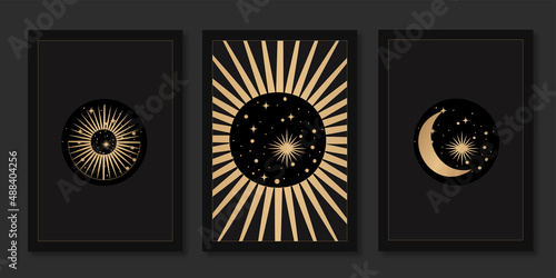 set of mystical templates for tarot cards, banners, leaflets, posters, brochures, stickers. Hand-drawn. Cards with esoteric symbols. Silhouette of planets, stars, Moon and sun. vector.