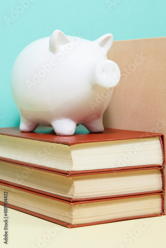 Composition with piggy bank and hardback books