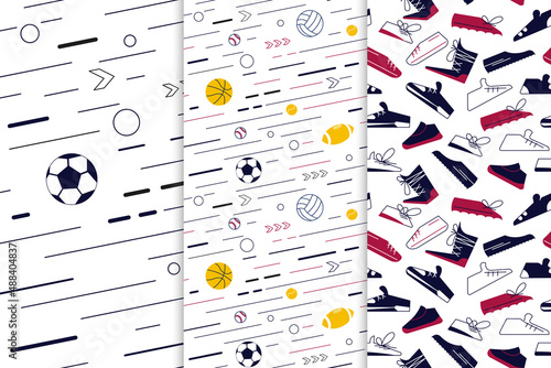 Set of seamless pattern from sport equipment and dynamics lines