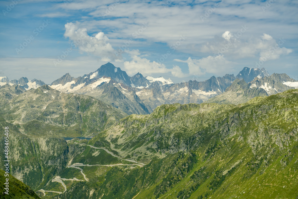 View on Grimsel high mountain pass and surrounding mountains in Swiss Alps