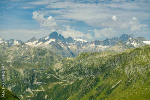 View on Grimsel high mountain pass and surrounding mountains in Swiss Alps