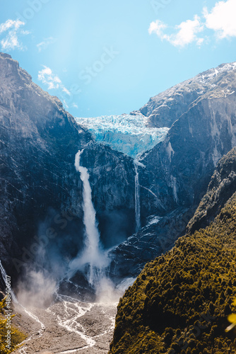 Patagonian snowdrift, with a waterfall. Queulat National Park photo