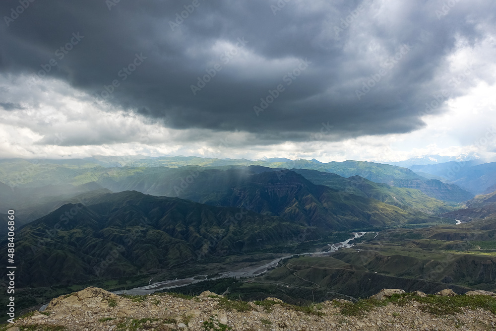 Beautiful breathtaking view of the mountains during a thunderstorm in Dagestan, Caucasus Russia