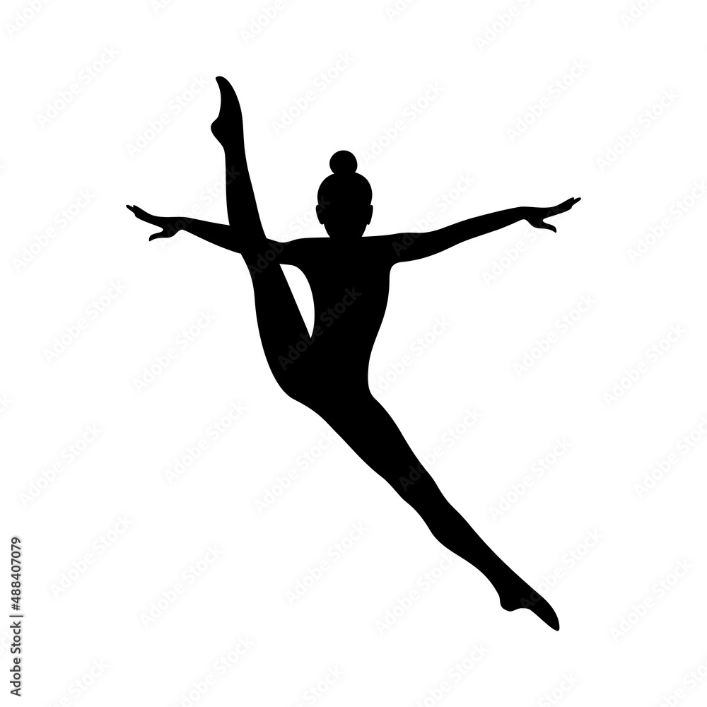 Gymnast silhouette. Artistic gymnast perfoming split jump in the air. Black shape isolated on white background. Vector illustration Gymnast silhouette. Artistic gymnast perfoming split jump in the air. Black shape isolated on white background. Vector illustration