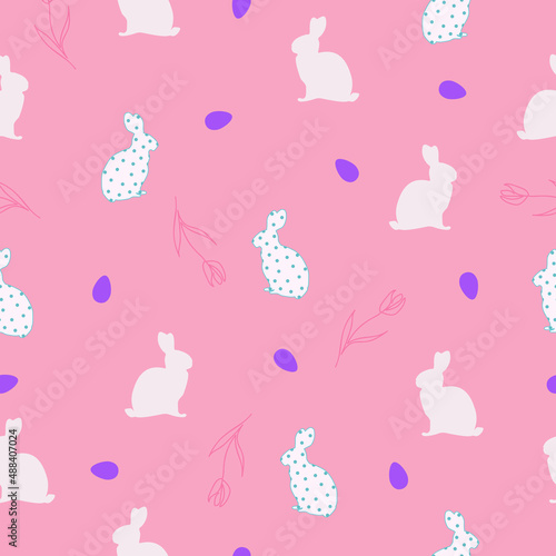 Seamless pattern easter bunnies, eggs, abstract flowers on pink background. Cute baby rabbit repeat print decor., vector eps 10