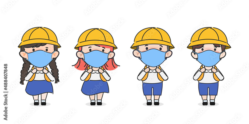 Hand drawn Cute cartoon japanese student wearing a face mask character pose. Hand drawn Cute cartoon japanese student wearing a face mask character pose.